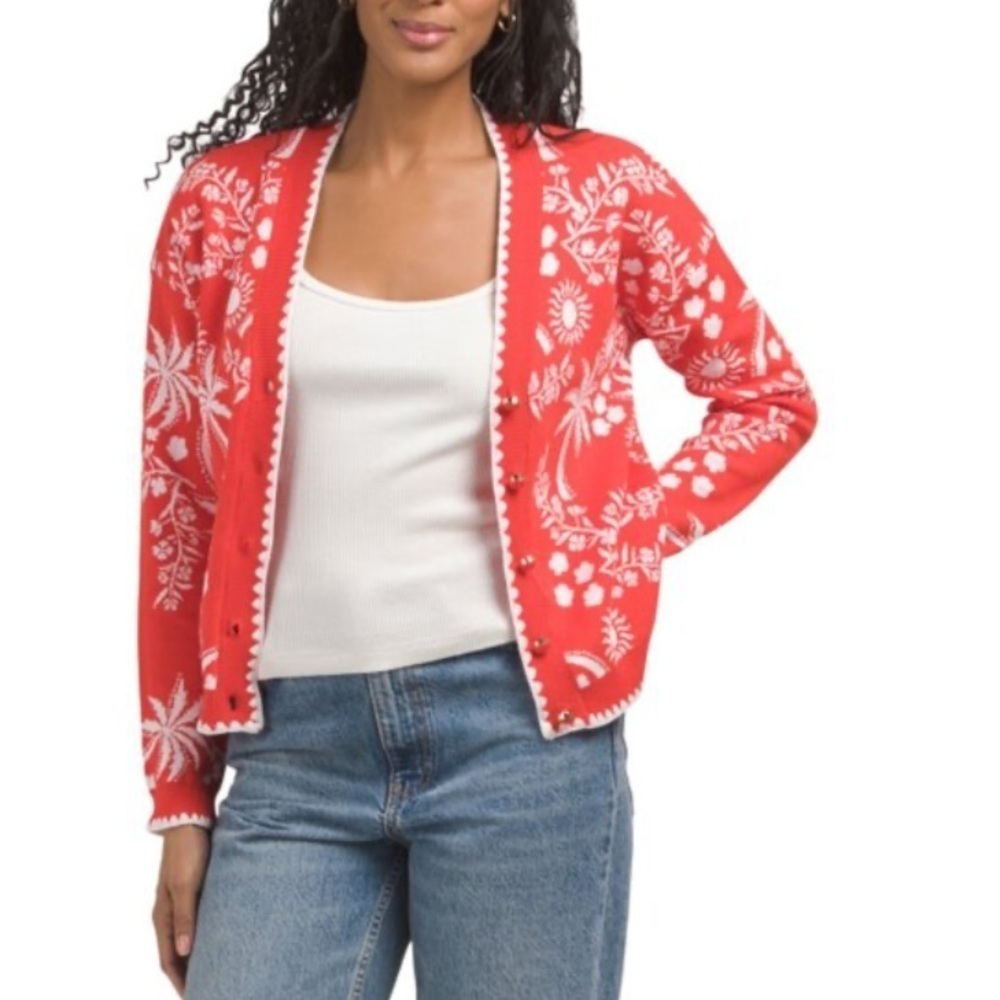 CYNTHIA ROWLEY Poppy Red Long Sleeve Spanish Floral Cardigan sweater size S
